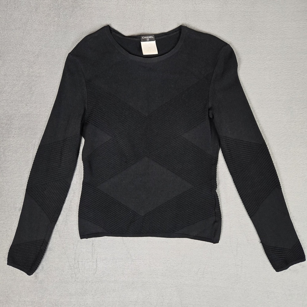 Chanel Shirt Womens 40 US 6 Stripe Ribbed Black Long Sleeve Rayon France VTG